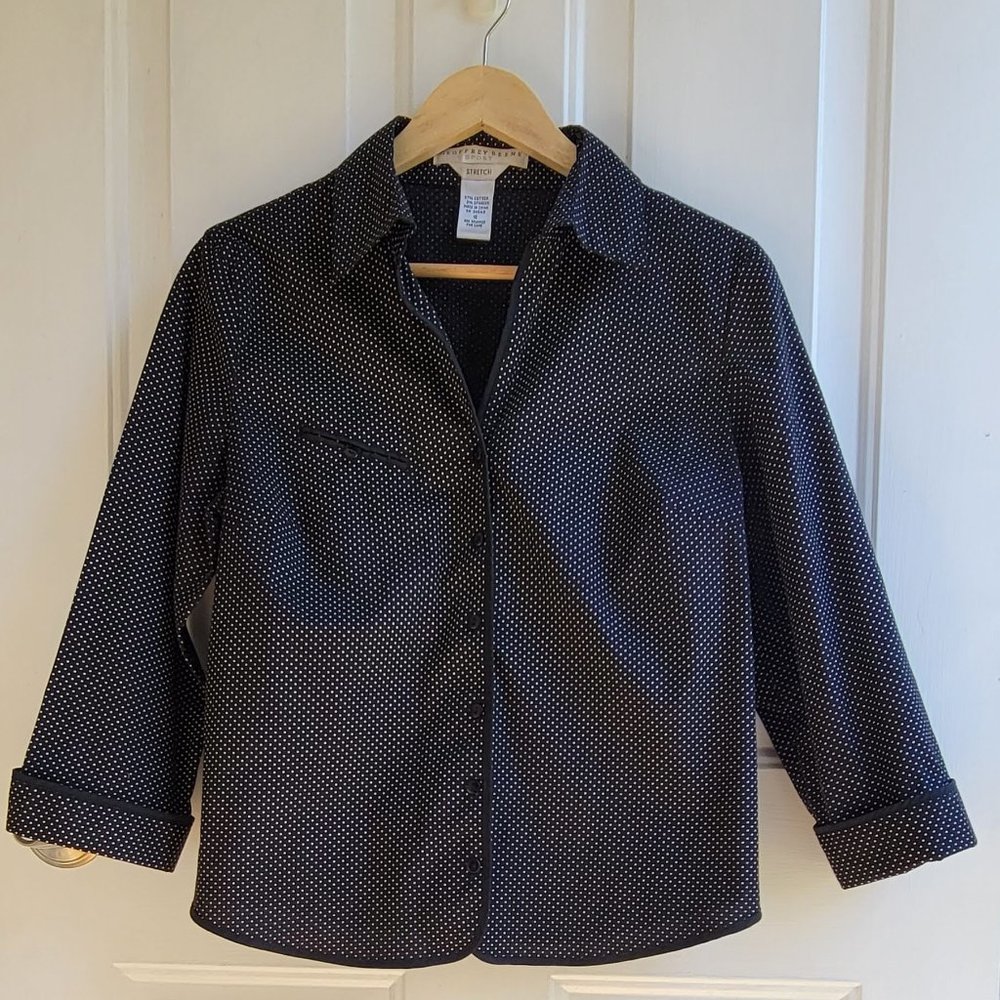 Geoffrey Beene Black button up blouse with small white polka dots. Size 10